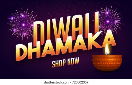 Diwali Dhamaka 3D text, realistic Oil Lamp and firework on purple background.