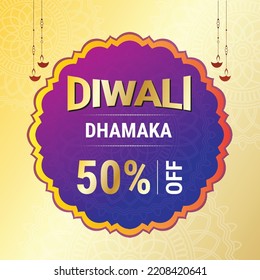 Diwali Dhamaka 50% OFF creative vector illustration. diwali festival sale banner background design with yellow background