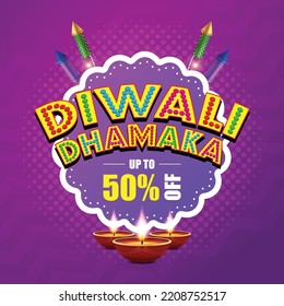 Diwali Dhamaka 50% off unit for Season of Diwali. Logo for Diwali festival with cracker and rocket.