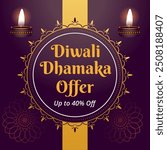 Diwali Dhamaka offer Banner with up to 40% off. Illustration. Happy Deepawali. Vector. Diwali Sale.