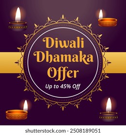 Diwali Dhamaka offer Banner with up to 45% off. Vector Illustration. Happy Deepawali. Diwali Sale.