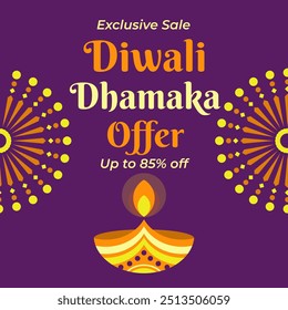 Banner da oferta de Diwali Dhamaka com até 85% de desconto. Oferta exclusiva. Festival indiano Happy Diwali com Diwali Diya.