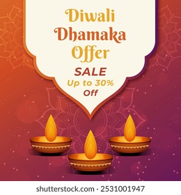 Diwali Dhamaka Offer banner with Beautiful Diya and up to 30% off. Exclusive Offer. Vector Illustration.