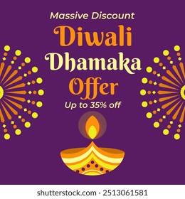 Diwali Dhamaka Offer Banner with disc up to 35% off. Massive Discount. Illustration Vector. Happy Deepawali. Floating Diya. 