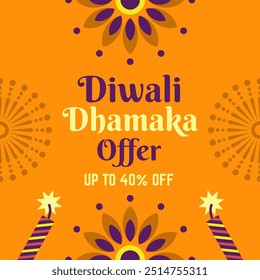 Diwali Dhamaka Oferta Vector, Publicidad, Anuncio de Web, Plantilla de póster. Ilustración vectorial. Hasta un 40% de descuento.