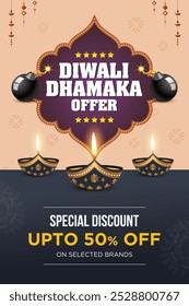 Diwali Dhamaka Offer Vector, Advertisement, Web Banner, Poster Template, Design Concept (English Translation : Diwali Blast Offer)