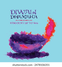 Diwali Dhamaka Poster, Lowest Price Banner, Best Offer Discount Vector illustration with creative Lit Lamp made by abstract brush splash.