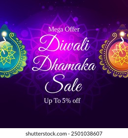 Diwali Dhamaka Sale with up to 5% off. Deepawali Offer. Mega Offer. Happy Diwali. Vector Illustration.