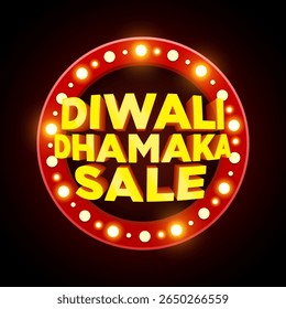 Diwali Dhamaka Sale Banner Design with Glowing Lights and 3D Bold Text on Dark Background for Indian Festival Promotion.