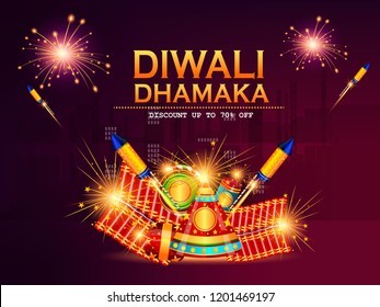 Diwali Dhamaka sale  poster, header, banner or greeting card design with  illustration of burning diya , crackers