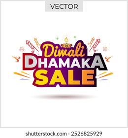 Diwali Dhamaka Verkaufstext mit Diwali Verkauf bietet Shopping und Rabatt Logo-Konzept. Poster, Banner, Postkarte, Post in den sozialen Medien, Grußkarte.