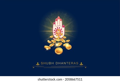 Diwali dhanteras festival banner design with Goddess Laxmi lakshmi and golden jewellery coin and candle lights background decoration