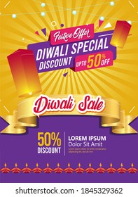 Diwali, Dipavali, Deepawali Festival Sale, Poster, Flyer, Layout, Template, golden rays background, discount 50%, text, diyas, golden ribbon tied,  lamps lanterns, sparkling light bulbs.