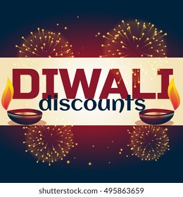 diwali discount background with two diya and fireworks