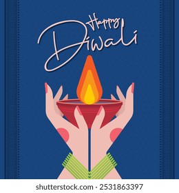 Diwali Diya: Arte vectorial conceptual de una niña hindú con manos adornadas con henna que sostiene la tradicional lámpara de aceite de arcilla diya, que simboliza la victoria de la luz sobre la oscuridad para el Festival Happy Diwali en la India.