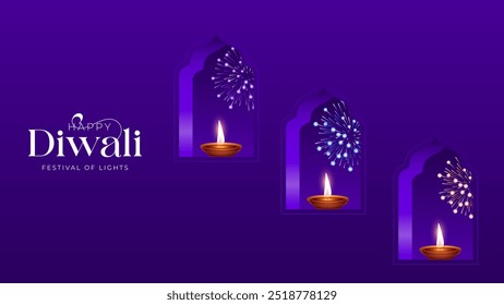 Diwali Diya com design vetorial do Fireworks. Feliz Diwali Comemoração Fundo. Banner do Festival de Luzes de Diwali com ilustração vetorial de Diya.