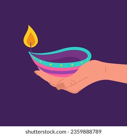 Diwali diya lamp. Female hand holding burning candle. Indian festival of lights icon. Colorful deepavali sign on purple background. Vector illustration in flat cartoon style.