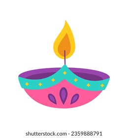 Diwali diya lamp. Indian festival of lights icon. Colorful deepavali sign on white background. Vector illustration in flat cartoon style.