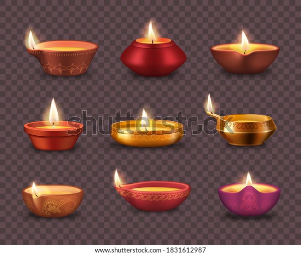 Diwali diya lamps on transparent background\
realistic vector set of Deepavali or Divali light festival. Indian\
Hindu religion oil lamps or lanterns with burning candle wicks and\
rangoli decoration