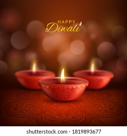 Diwali diya lamps vector design of Deepavali, Indian Hindu religion festival of light. Red clay oil lamps with fire flames and rangoli decoration with paisley pattern, Happy Diwali greeting card