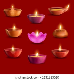 Diwali diya lamps vector set of Deepavali Indian light festival and Hindu religion holiday design. Oil lamps with burning fire flames, clay cups with rangoli pattern of paisley flowers, floral petals