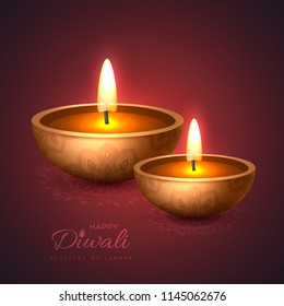 Diwali diya - oil lamp. Holiday design for traditional Indian festival of lights. 3D realistic style on rangoli purple background. Vector illustration.