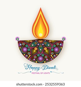 Diwali Diya Oil Lamp in rangoli design, floral pattern. Indian Festival of Lights, India Festive Celebration colorful logo template. Vector illustration isolated on white  background