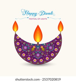 Diwali Diya Oil Lamp in rangoli design, floral pattern. Indian Festival of Lights, India Festive Celebration colorful logo template. Vector illustration isolated on white  background
