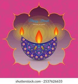 Diwali Diya Lâmpada de óleo em design de rangoli, padrão floral. Festival indiano de luzes, Índia Festiva Celebração modelo de logotipo colorido. Vetor ilustração cor-de-rosa quadro de lótus fundo da borda