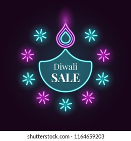 Diwali Diya, Sale banner in bright Neon style. Vector illustration of Neon Diya lamp with illumination, Diwali Sale. Indian Festival of Lights, Flame and Fireworks. Turquoise and purple colors