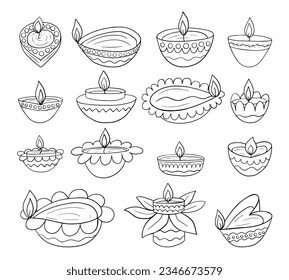 Diwali Diya sketch vector set. Hand drawn Diwali lamps with lights doodle set. Festival of lights holiday