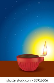 Diwali Diya in Sky Background - Vector Illustration