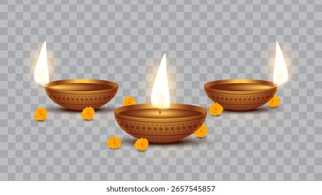 Diwali diya en fondo transparente. Ilustración vectorial. Festival indio de luces Diwali feliz, fondo de vacaciones, celebración de Diwali.