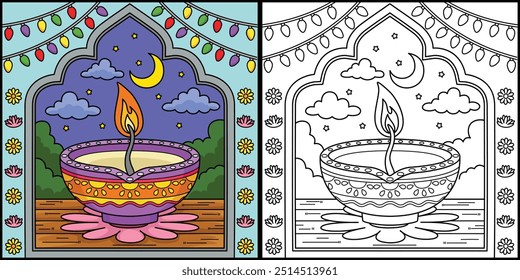 Diwali Diyas Malvorlage Farbige Illustration