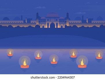 Diwali diyas floating in Ganges river flat color vector illustration. Burning candles in twilight. Indian temple architecture. Fully editable 2D simple cartoon landscape with Jal Mahal on background