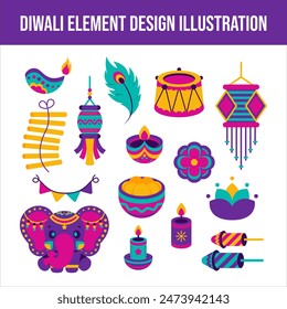 Diwali element vector flat illustration set