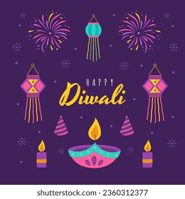 Diwali elements. Indian festival of lights icon set. Colorful deepavali signs on purple background. Vector illustration in flat cartoon style.