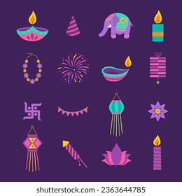 Elementos Diwali. Icono del festival indio de luces. Coloridas señales de depala en fondo morado. Ilustración vectorial al estilo de las caricaturas planas.