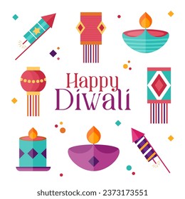 Diwali elements. Indian festival of lights icon set. Colorful deepavali signs. Vector illustration in flat cartoon style	