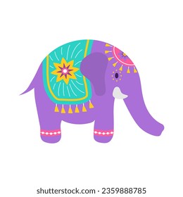 Diwali elephant. Indian festival of lights icon. Colorful deepavali sign on white background. Vector illustration in flat cartoon style.