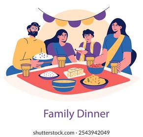Diwali family dinner concept. An Indian family enjoys a festive meal together during the celebration of Diwali. Traditional attire and food, joyful atmosphere. Vector illustration.