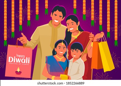 Diwali family shopping together with gifts, shopping bags, and decorations, smiling at camera.