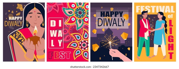 Diwali fest cover brochure set in trendy flat design. Poster templates with indian woman and man hold oil lamps, bright festival mandalas and lights, invitation to indian holiday. Vector illustration.