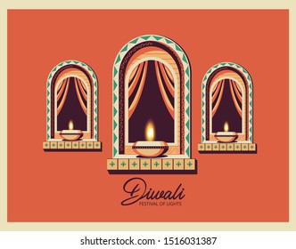 Diwali festival background with diya lamps and rangoli, Diwali celebration greeting card, vector illustration.