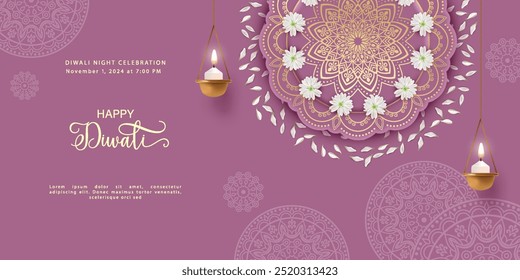 Diwali festival background with hanging diya lamp and rangoli pattern made of white flowers