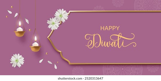 Diwali festival background with hanging diya lamp, golden frame, white flowers and petals