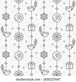 Diwali festival background with hanging lamps. Vector thin line seamless pattern isolated on white for Hindu holiday.