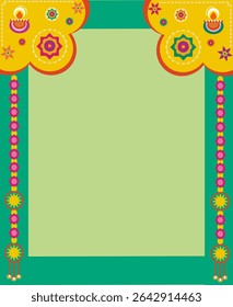 Diwali Festival Banner, Card with Holiday Symbols in Oil Lamp, Lights, Green Background Design for Web and Social Media. Diwali Festival, Vector Illustration.
