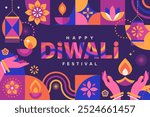 Diwali festival banner, card with symbols of holiday in minimal geometric style-oil lamp,lotus,fire.Template design for web and social media, Diwali festival with Rangoli decoration with Diya.Vector