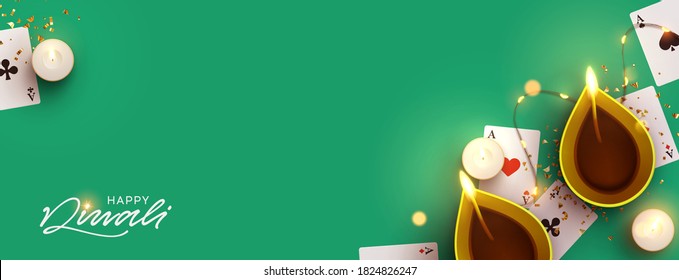 Diwali Festival banner. Celebration Deepavali Festival of Lights is major Hindu religious. Holiday India's. Realistic traditional oil lamp design. Candles and playing card. vector illustration